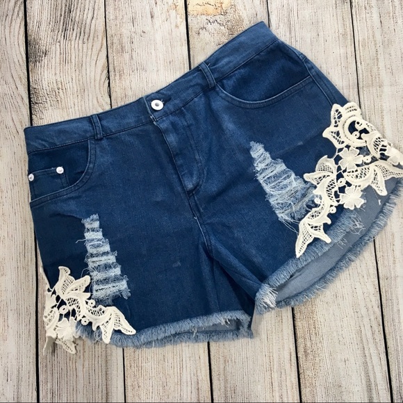 OASAP Pants - Oasap | Distressed Lace Embellished Jean Shorts